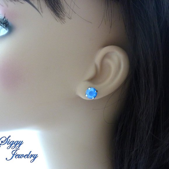 Summer Blue 8mm Crystal Stud Post Earrings, Assorted Finishes, Gift Packaged - Picture 5 of 6